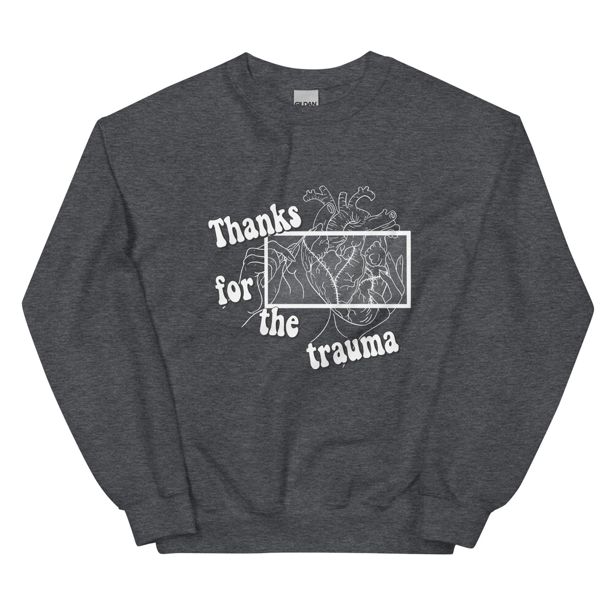 D42 Sweatshirt mit anatomischer Herzillustration und weißem „Thanks for the trauma“-Schriftzug auf der Vorderseite dunkelgrau
