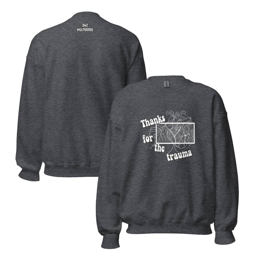 D42 Sweatshirt mit anatomischer Herzillustration und weißem „Thanks for the trauma“-Schriftzug auf der Vorderseite - Rückseite mit Logo Schriftzug Beide Seiten dunkelgrau