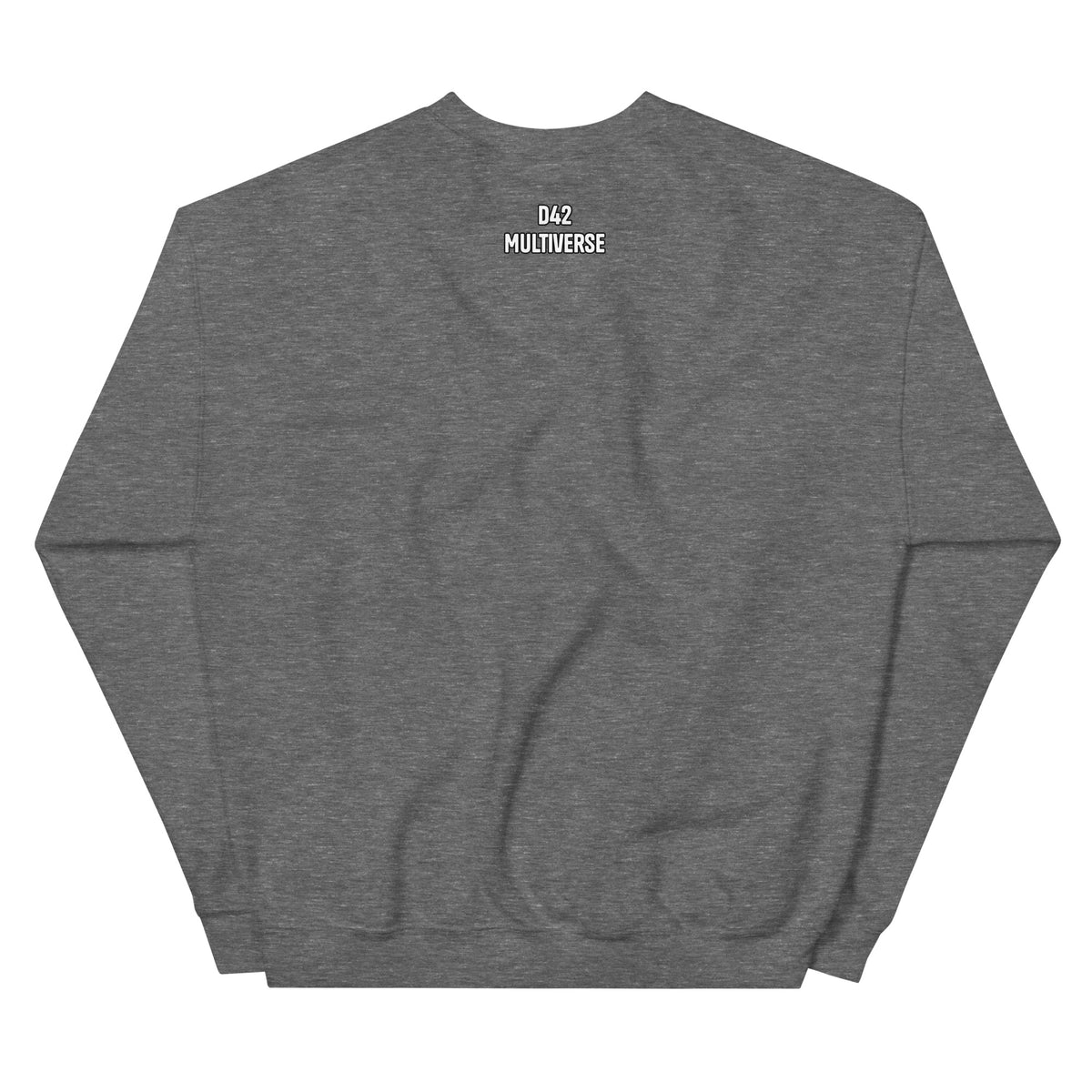 D42 Sweatshirt mit anatomischer Herzillustration und weißem „Thanks for the trauma“-Schriftzug auf der Vorderseite - Rückseite mit Logo Schriftzug grau