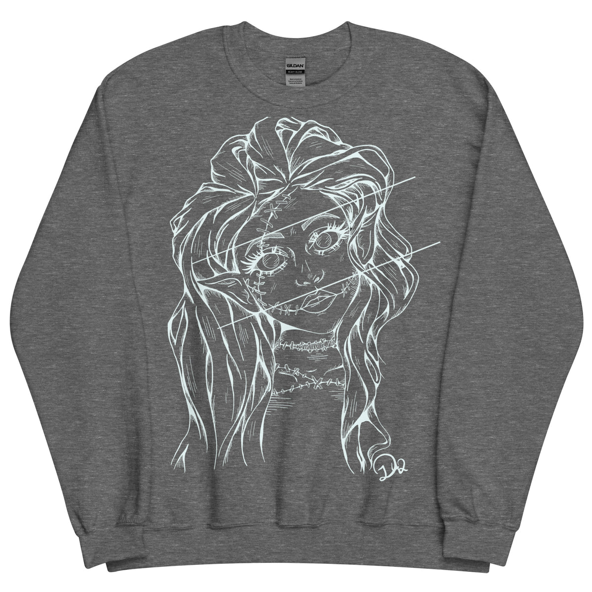 D42 Pullover mit großer weißer Linienillustration einer Elfenfigur mit langen Haaren und rissartig durchzogenem Gesicht auf der Vorderseite hellgrau