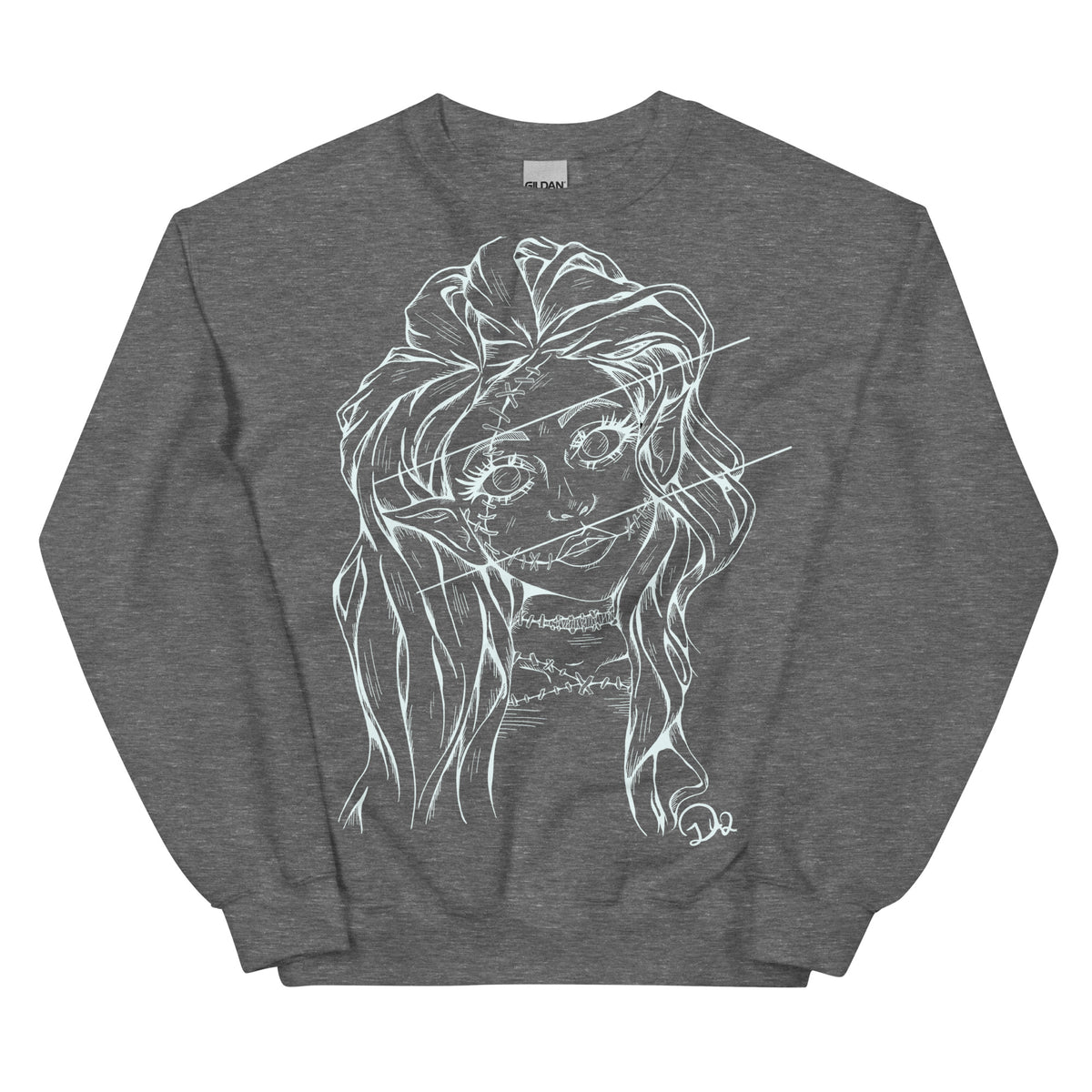 D42 Pullover mit großer weißer Linienillustration einer Elfenfigur mit langen Haaren und rissartig durchzogenem Gesicht auf der Vorderseite hellgrau