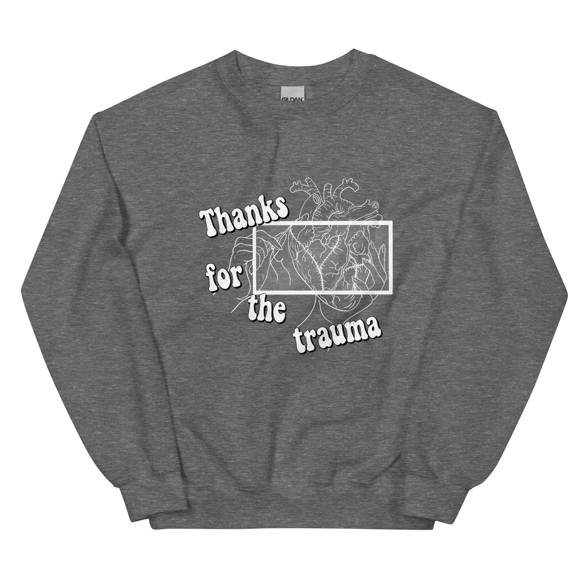 D42 Sweatshirt mit anatomischer Herzillustration und weißem „Thanks for the trauma“-Schriftzug auf der Vorderseite grau