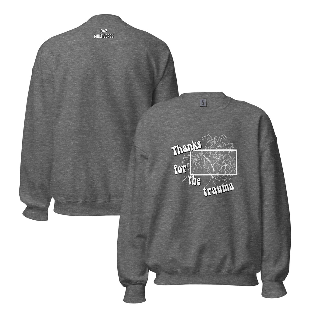 D42 Sweatshirt mit anatomischer Herzillustration und weißem „Thanks for the trauma“-Schriftzug auf der Vorderseite - Rückseite mit Logo Schriftzug Beide Seiten grau