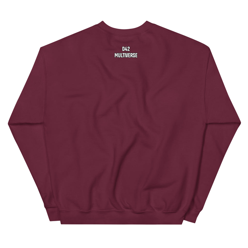 D42 Sweatshirt mit anatomischer Herzillustration und weißem „Thanks for the trauma“-Schriftzug auf der Vorderseite - Rückseite mit Logo Schriftzug rot