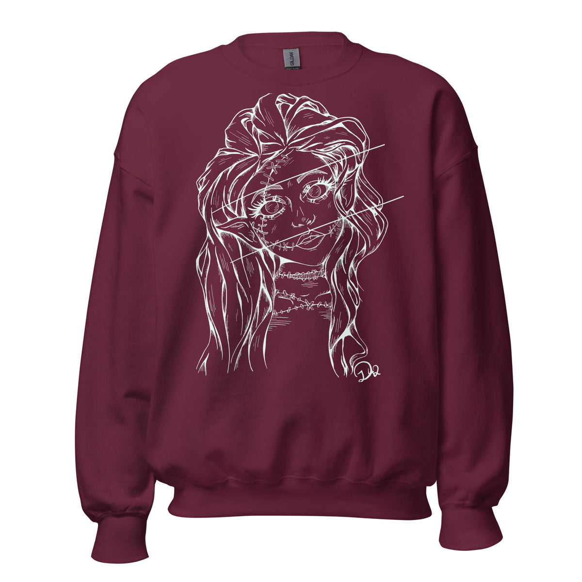 D42 Pullover mit großer weißer Linienillustration einer Elfenfigur mit langen Haaren und rissartig durchzogenem Gesicht auf der Vorderseite rot getragen