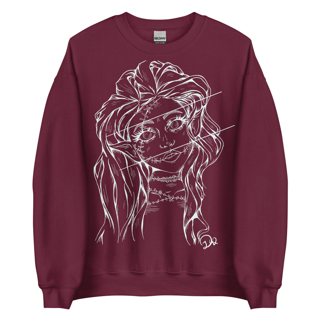 D42 Pullover mit großer weißer Linienillustration einer Elfenfigur mit langen Haaren und rissartig durchzogenem Gesicht auf der Vorderseite rot lang