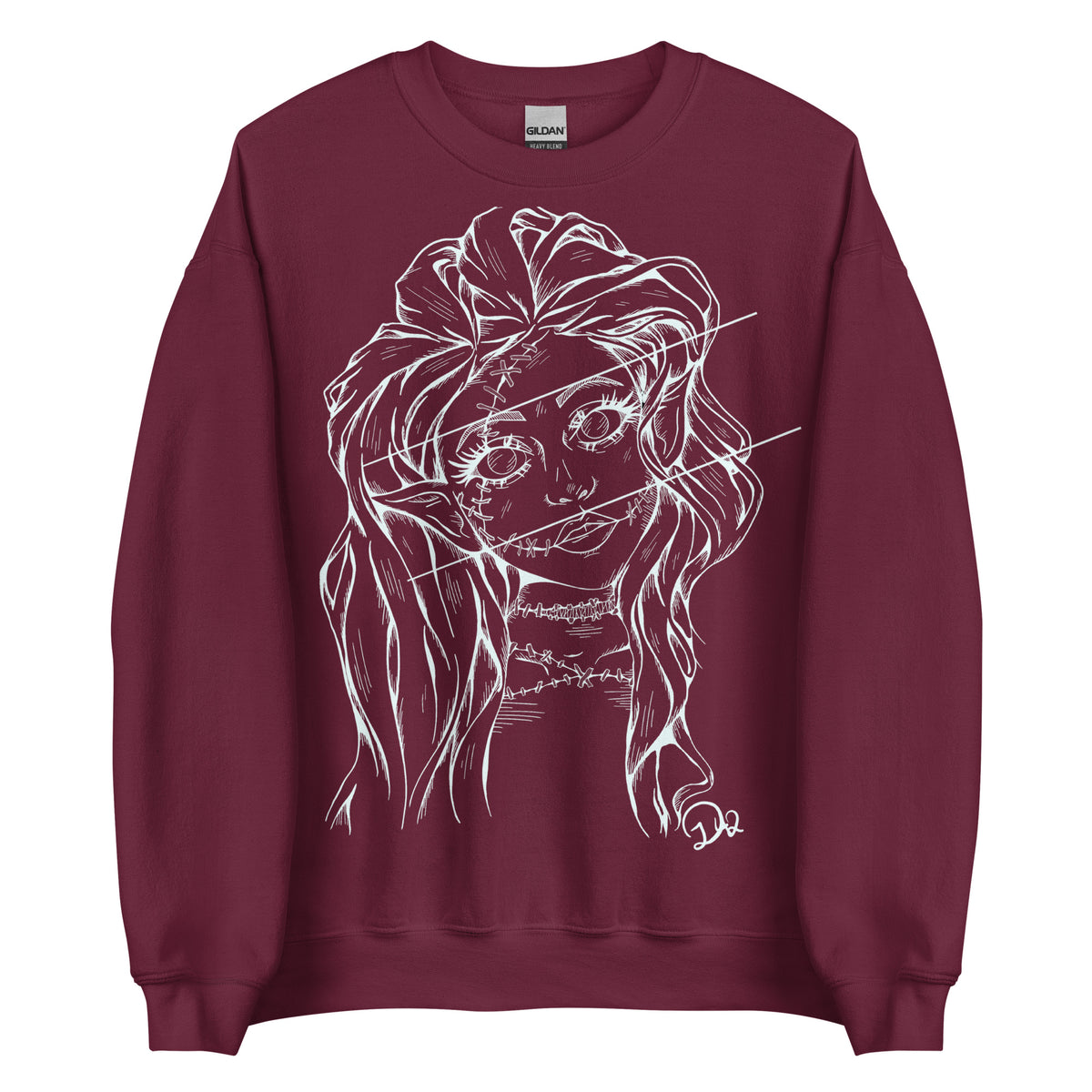 D42 Pullover mit großer weißer Linienillustration einer Elfenfigur mit langen Haaren und rissartig durchzogenem Gesicht auf der Vorderseite rot lang