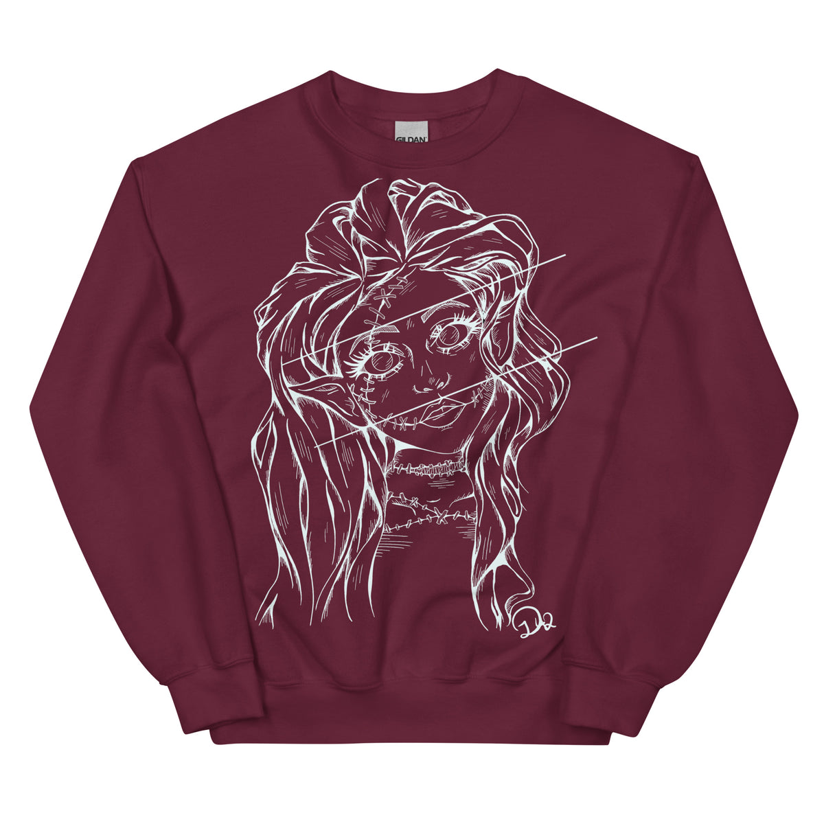 D42 Pullover mit großer weißer Linienillustration einer Elfenfigur mit langen Haaren und rissartig durchzogenem Gesicht auf der Vorderseite rot