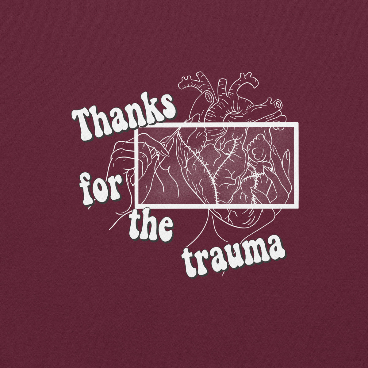 D42 Sweatshirt mit anatomischer Herzillustration und weißem „Thanks for the trauma“-Schriftzug auf der Vorderseite - Nahaufnahme Print  rot