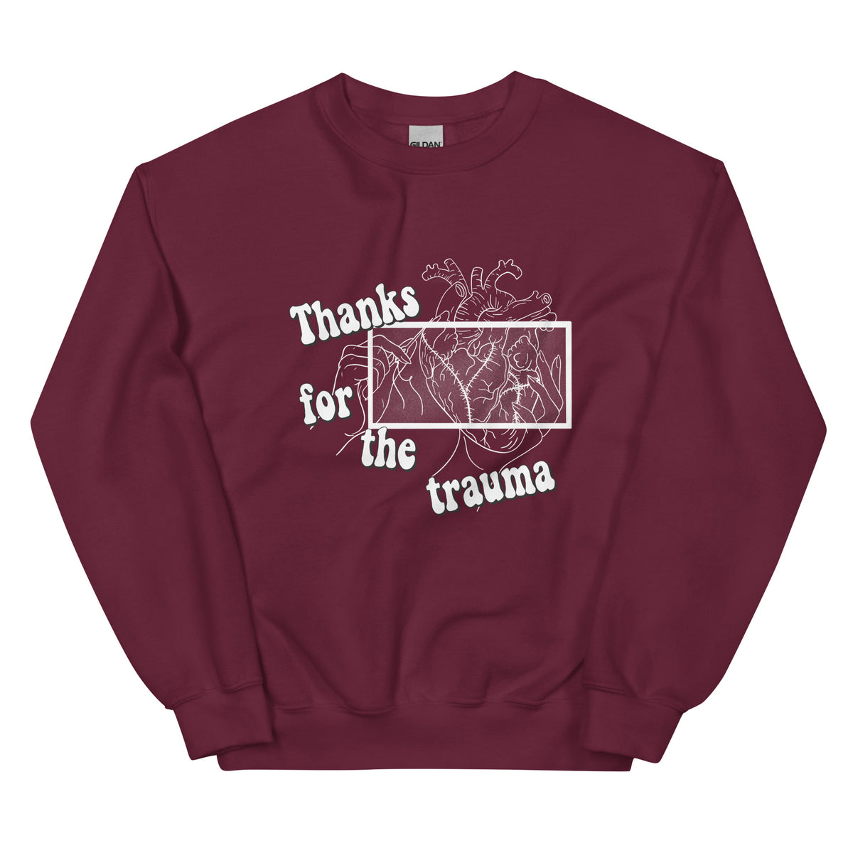 D42 Sweatshirt mit anatomischer Herzillustration und weißem „Thanks for the trauma“-Schriftzug auf der Vorderseite rot
