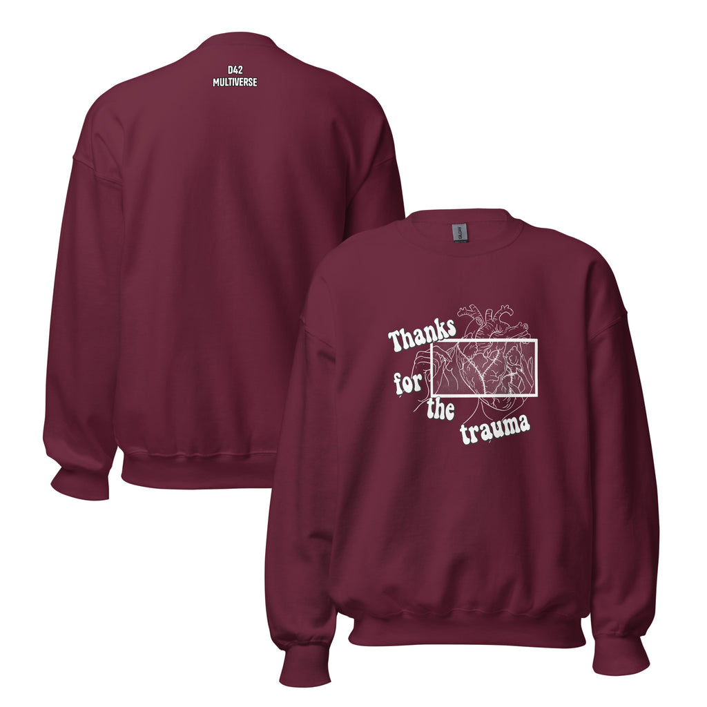 D42 Sweatshirt mit anatomischer Herzillustration und weißem „Thanks for the trauma“-Schriftzug auf der Vorderseite - Rückseite mit Logo Schriftzug Beide Seiten rot