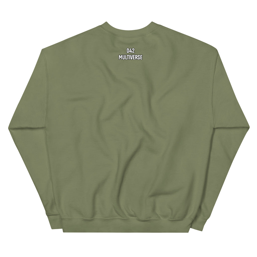 D42 Sweatshirt mit anatomischer Herzillustration und weißem „Thanks for the trauma“-Schriftzug auf der Vorderseite - Rückseite mit Logo Schriftzug militärgrün