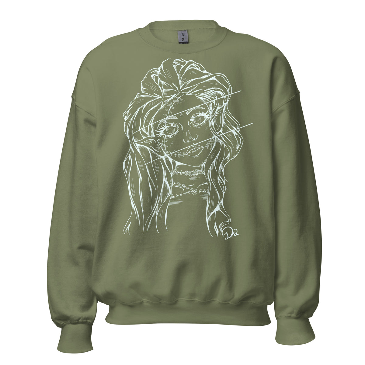 D42 Pullover mit großer weißer Linienillustration einer Elfenfigur mit langen Haaren und rissartig durchzogenem Gesicht auf der Vorderseite militärgrün getragen
