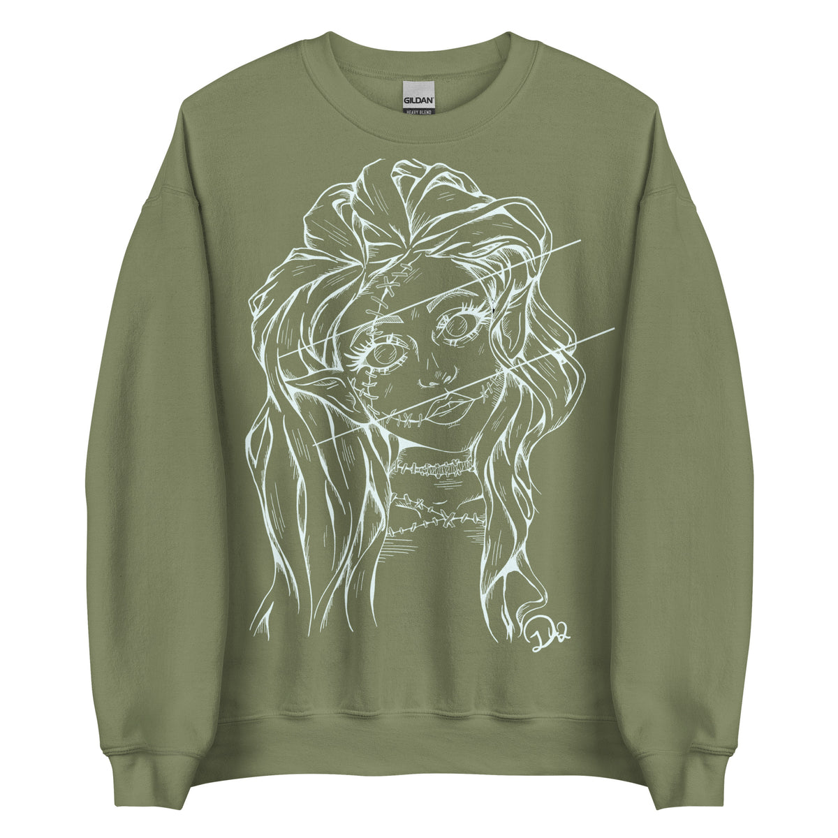D42 Pullover mit großer weißer Linienillustration einer Elfenfigur mit langen Haaren und rissartig durchzogenem Gesicht auf der Vorderseite militärgrün lang