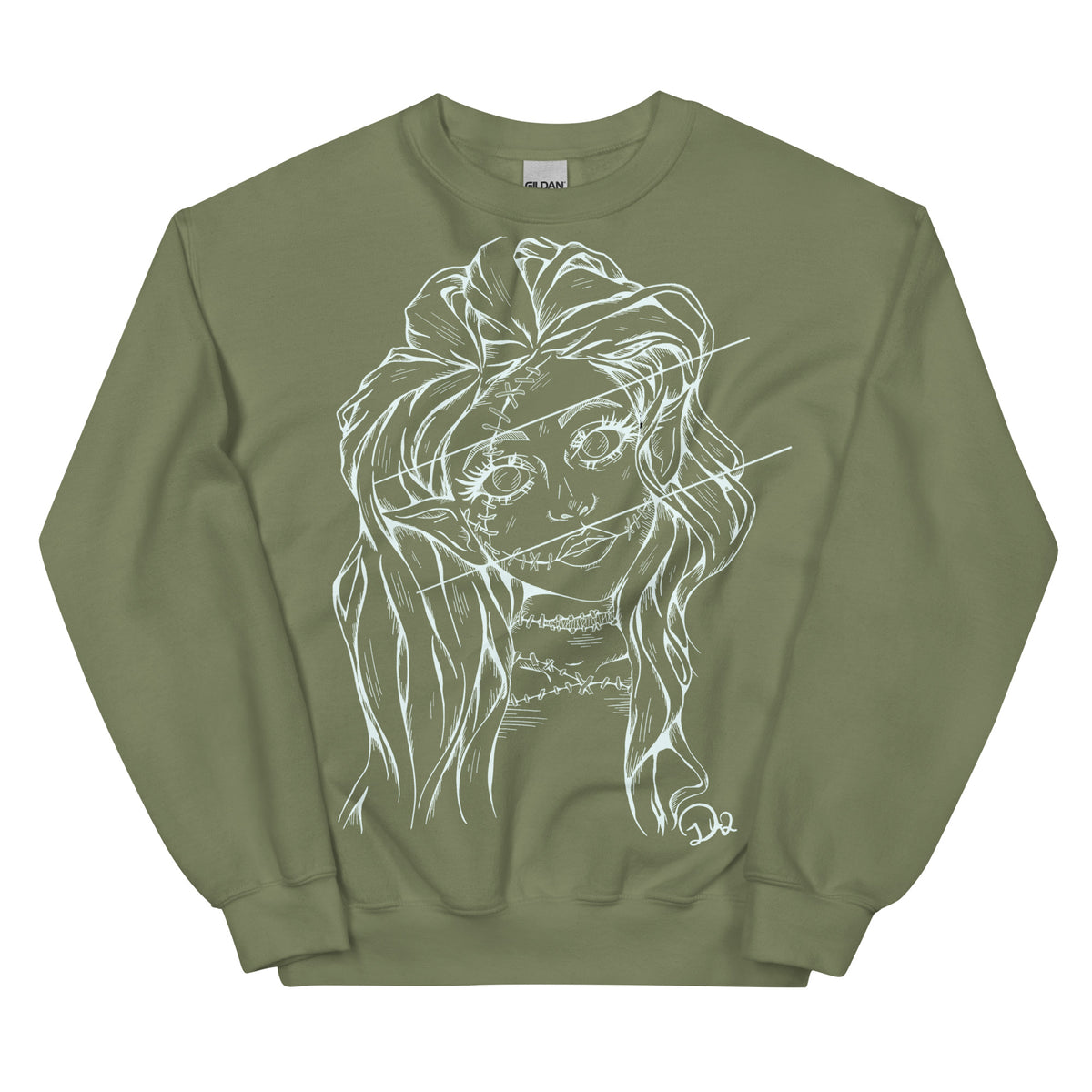 D42 Pullover mit großer weißer Linienillustration einer Elfenfigur mit langen Haaren und rissartig durchzogenem Gesicht auf der Vorderseite militärgrün