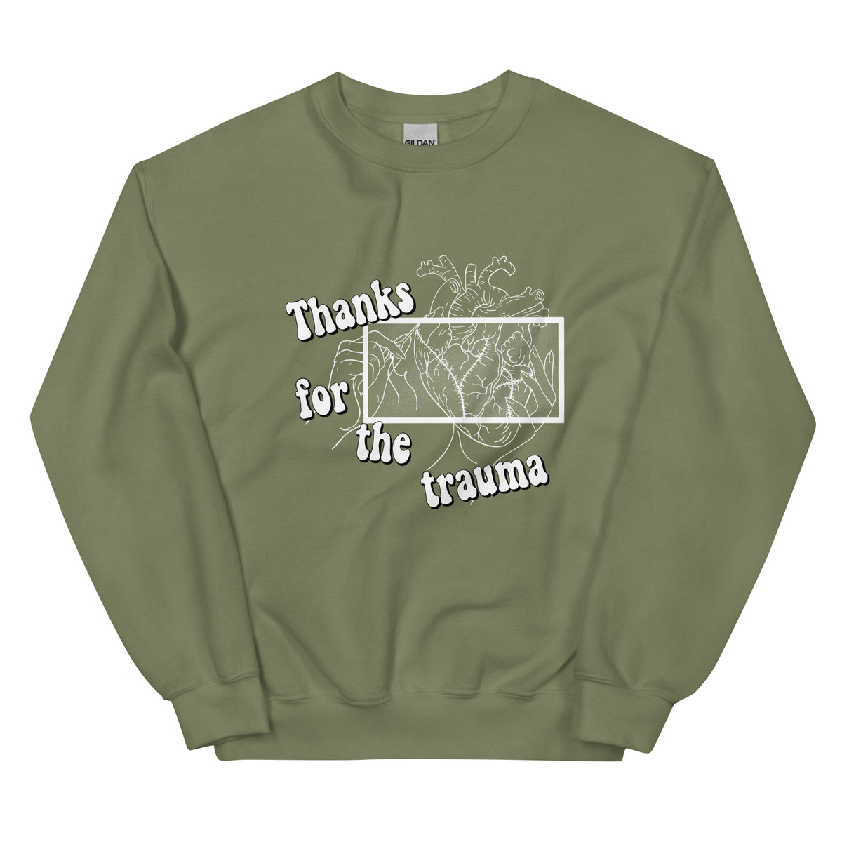 D42 Sweatshirt mit anatomischer Herzillustration und weißem „Thanks for the trauma“-Schriftzug auf der Vorderseite militärgrün