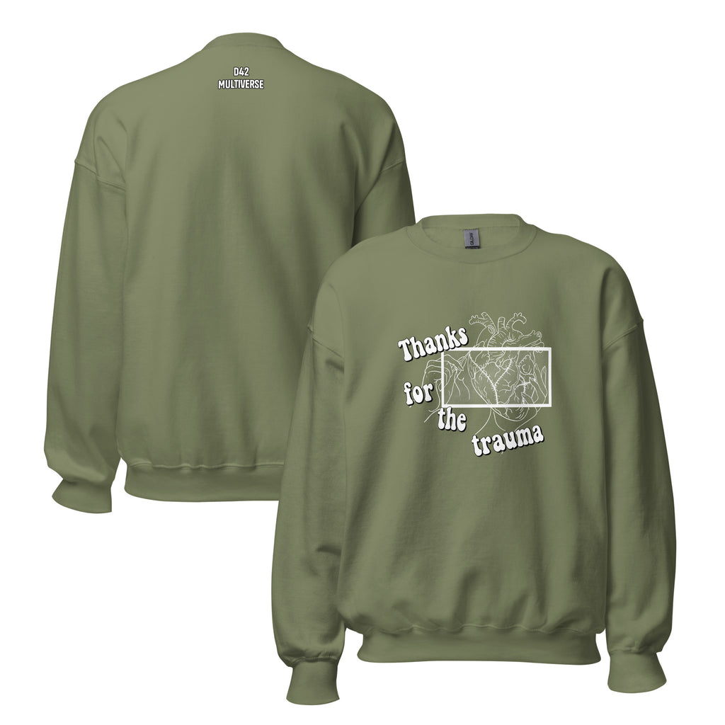 D42 Sweatshirt mit anatomischer Herzillustration und weißem „Thanks for the trauma“-Schriftzug auf der Vorderseite - Rückseite mit Logo Schriftzug Beide Seiten militärgrün