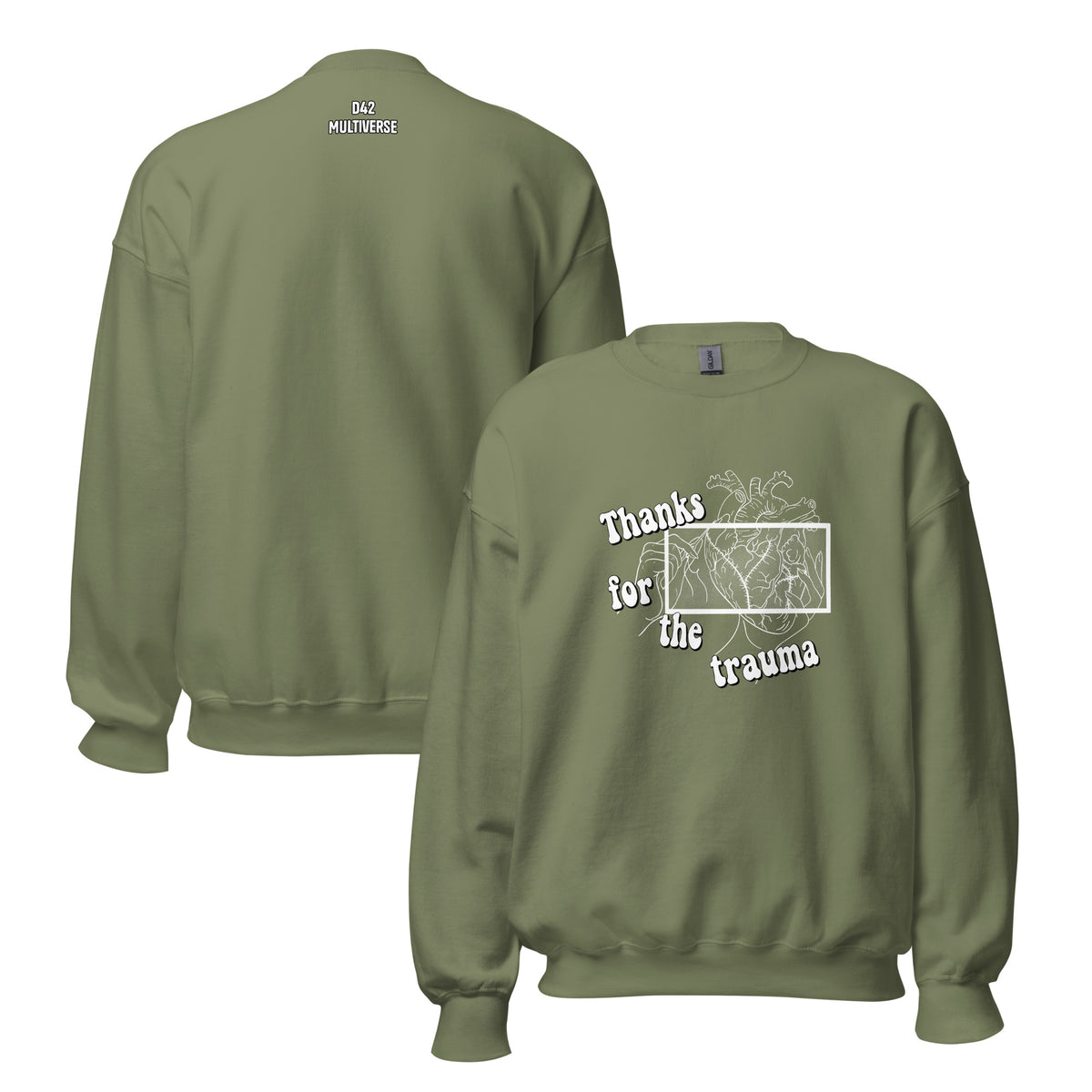 D42 Sweatshirt mit anatomischer Herzillustration und weißem „Thanks for the trauma“-Schriftzug auf der Vorderseite - Rückseite mit Logo Schriftzug Beide Seiten militärgrün