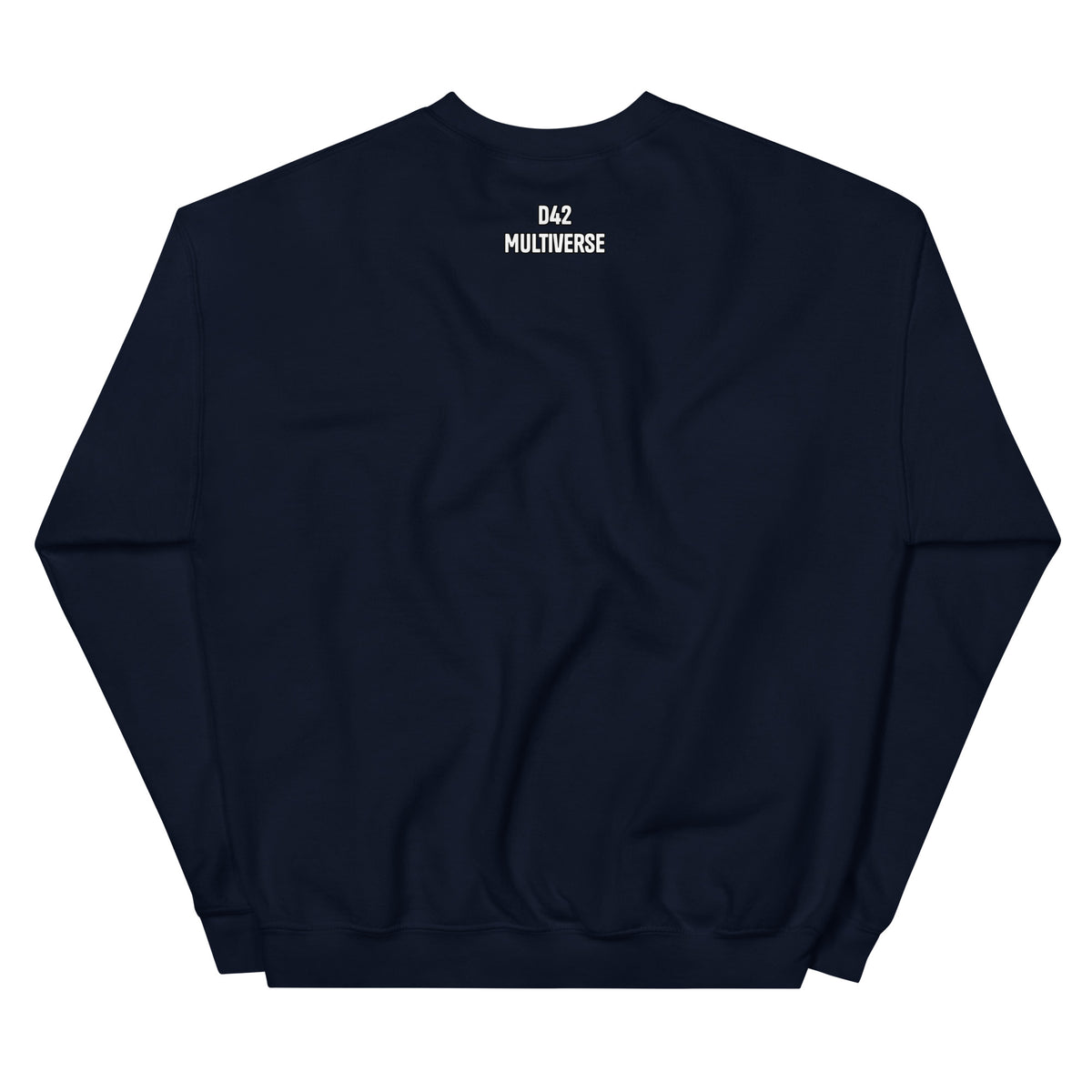 D42 Sweatshirt mit anatomischer Herzillustration und weißem „Thanks for the trauma“-Schriftzug auf der Vorderseite - Rückseite mit Logo Schriftzug navy