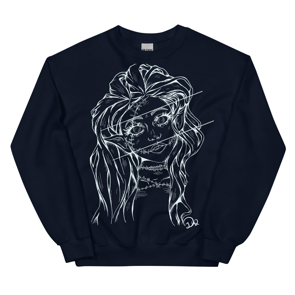 D42 Pullover mit großer weißer Linienillustration einer Elfenfigur mit langen Haaren und rissartig durchzogenem Gesicht auf der Vorderseite navy