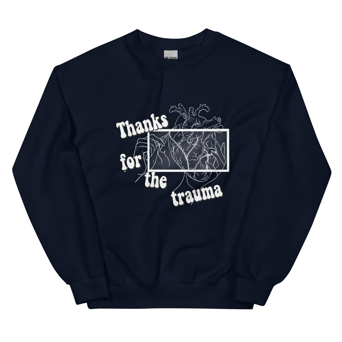 D42 Sweatshirt mit anatomischer Herzillustration und weißem „Thanks for the trauma“-Schriftzug auf der Vorderseite navy
