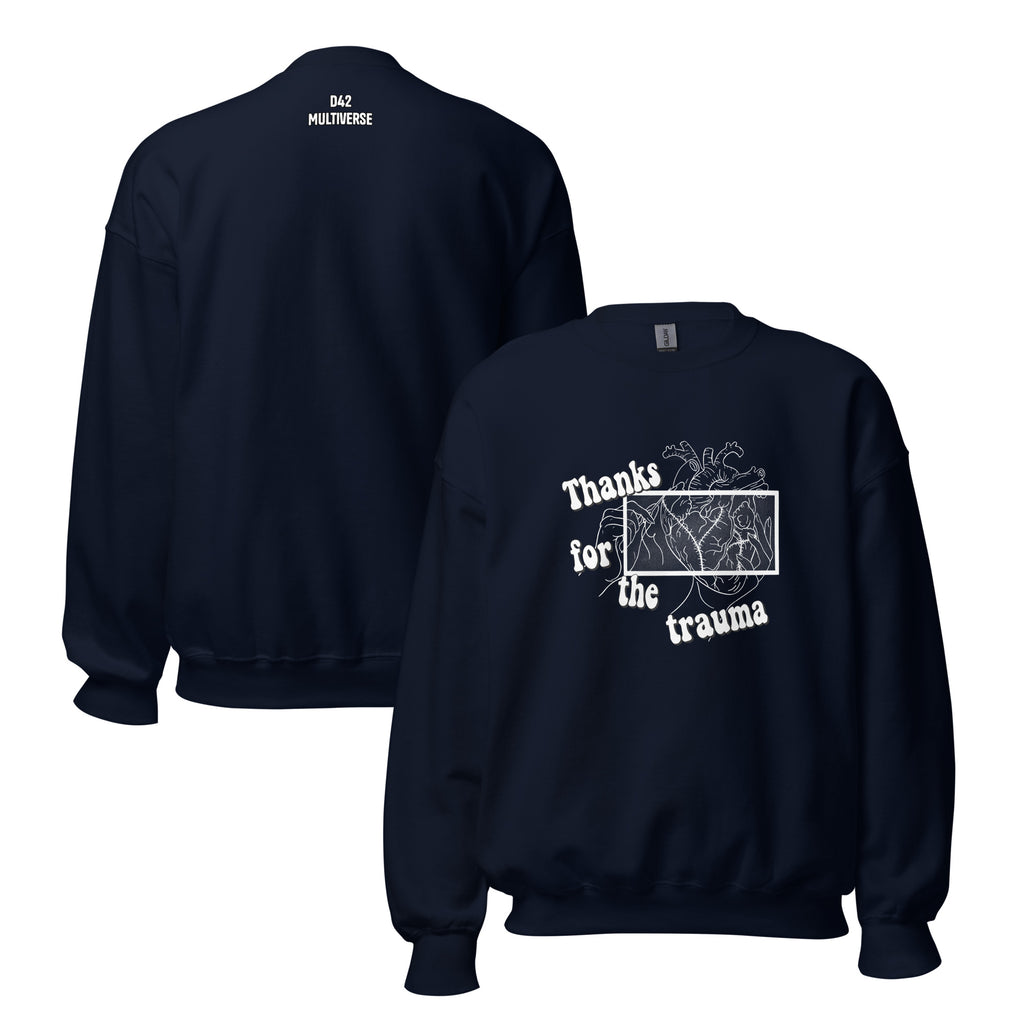 D42 Sweatshirt mit anatomischer Herzillustration und weißem „Thanks for the trauma“-Schriftzug auf der Vorderseite - Rückseite mit Logo Schriftzug Beide Seiten navy