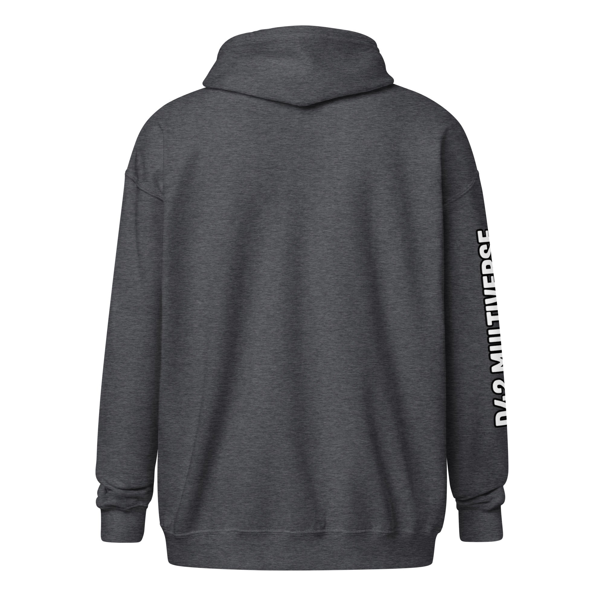 D42 Zip Hoodie – Dunkelgrau, Rückansicht mit Sleeveprint | D42 Multiverse