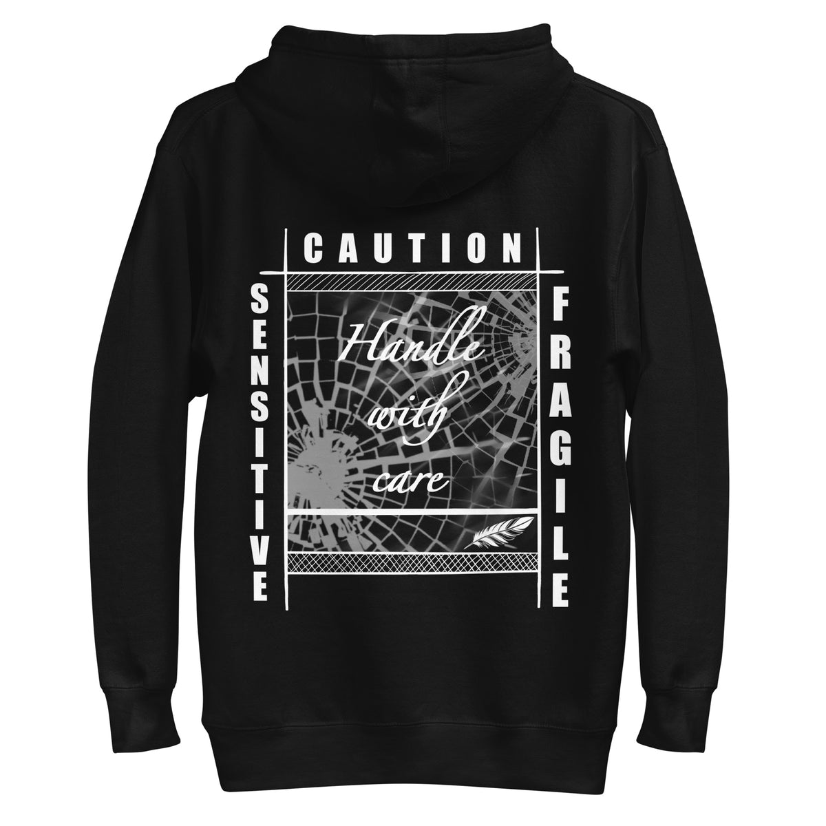 Rückansicht eines schwarzen D42 Hoodies mit großem weißem „Handle with care“-Backprint, zerbrochenem Glas und den Worten „Caution“, „Sensitive“ und „Fragile“ schwarz
