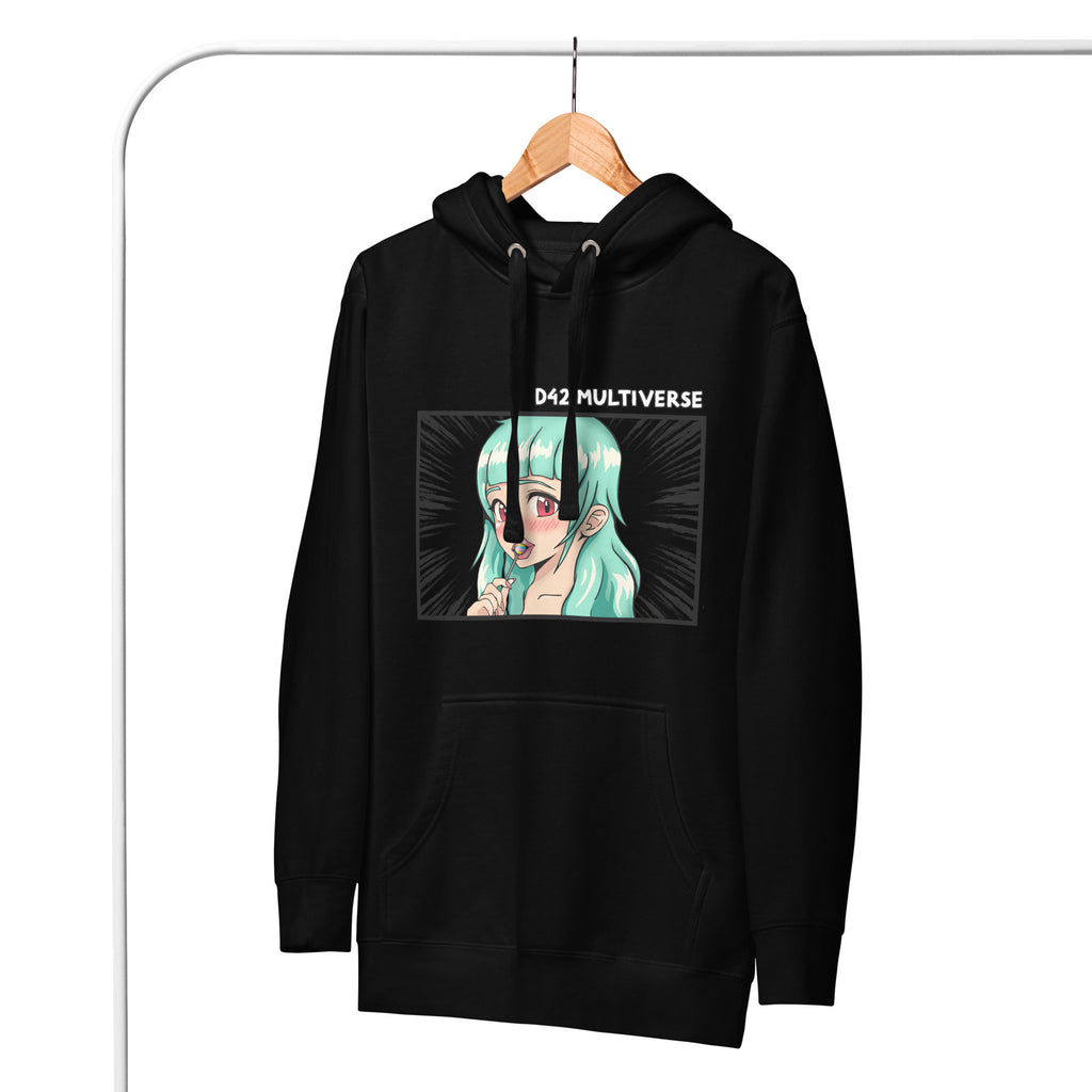 D42 Premium Hoodie mit großer Manga-inspirierter Illustration einer türkishaarigen Anime-Figur, das Anime Lolligirl, und D42 Multiverse Schriftzug auf der Vorderseite schwarz auf Kleiderbügel