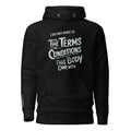 D42 Premium Hoodie mit großem weißem „I did not agree to the terms and conditions this body came with“-Statement auf der Vorderseite schwarz