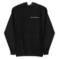 Vorderansicht eines schwarzen D42 Hoodies mit großem weißem „Handle with care“-Backprint, zerbrochenem Glas und den Worten „Caution“, „Sensitive“ und „Fragile“ und D42 Multiverse Schriftzug schwarz