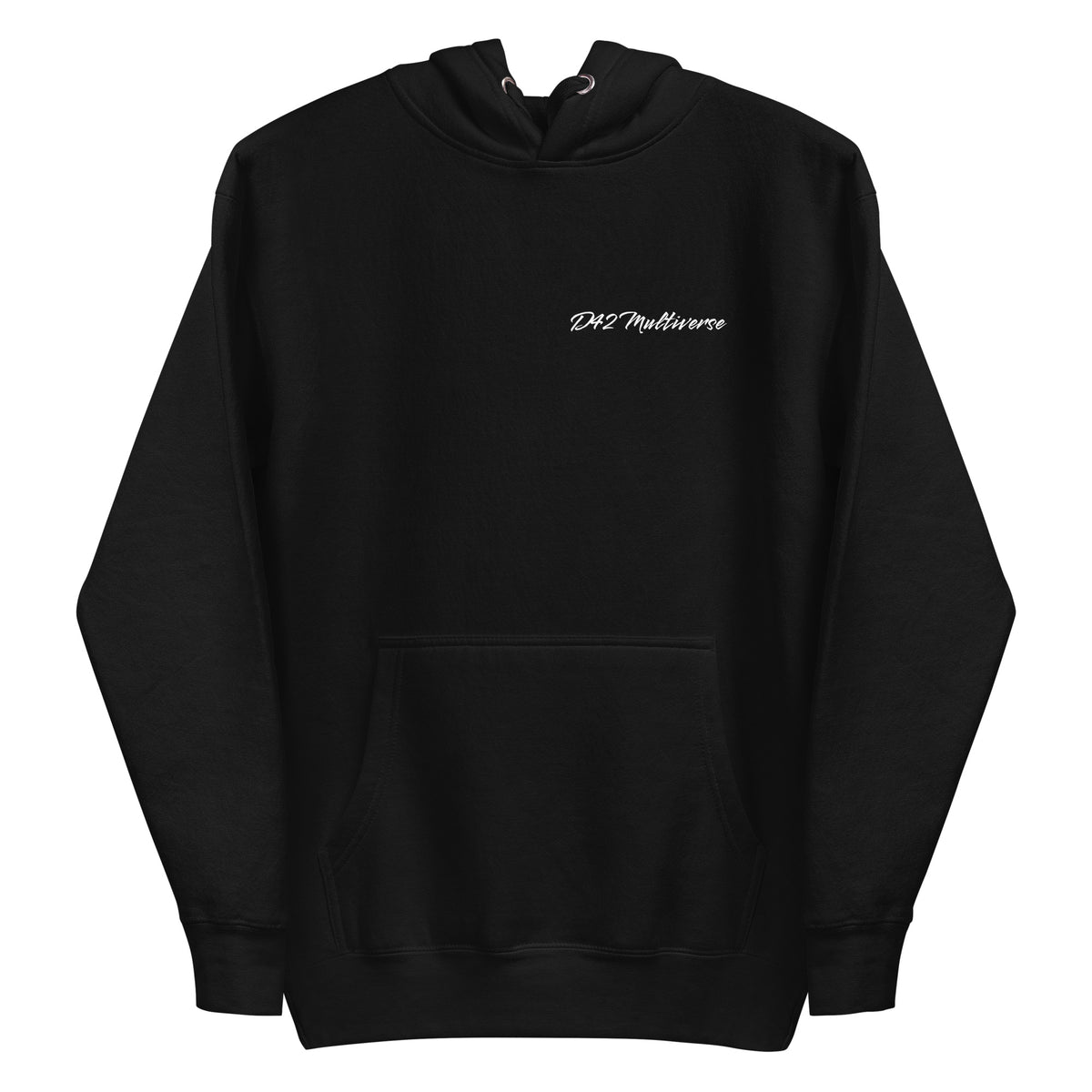 Vorderansicht eines schwarzen D42 Hoodies mit großem weißem „Handle with care“-Backprint, zerbrochenem Glas und den Worten „Caution“, „Sensitive“ und „Fragile“ und D42 Multiverse Schriftzug schwarz