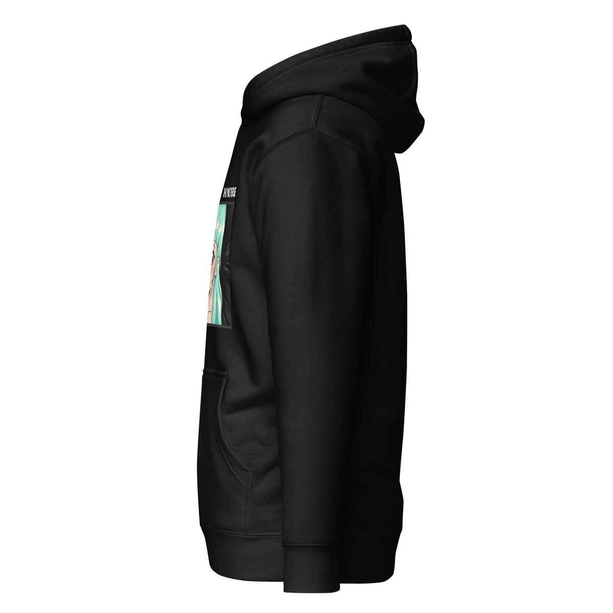 D42 Premium Hoodie mit großer Manga-inspirierter Illustration einer türkishaarigen Anime-Figur, das Anime Lolligirl, und D42 Multiverse Schriftzug auf der Vorderseite schwarz linke Seite