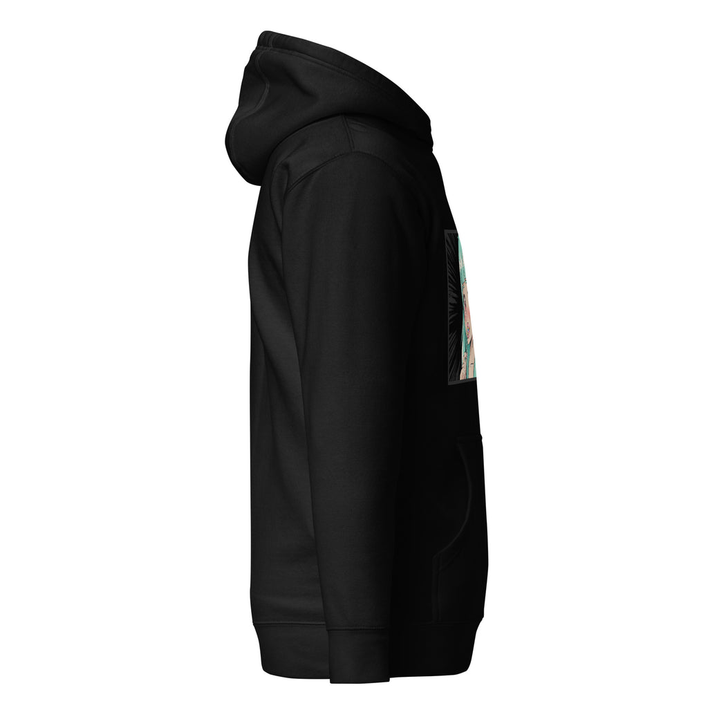 D42 Premium Hoodie mit großer Manga-inspirierter Illustration einer türkishaarigen Anime-Figur, das Anime Lolligirl, und D42 Multiverse Schriftzug auf der Vorderseite schwarz rechte Seite
