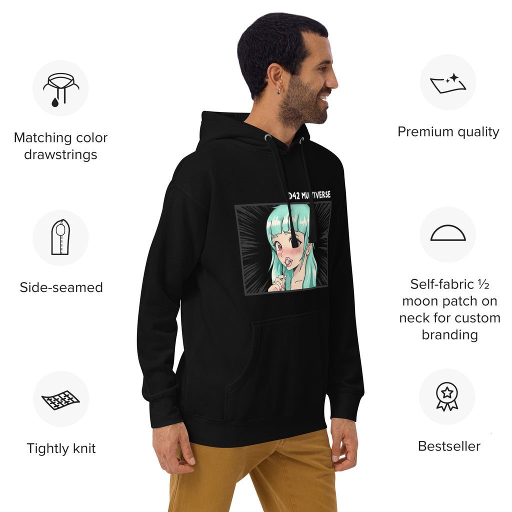 D42 Premium Hoodie mit großer Manga-inspirierter Illustration einer türkishaarigen Anime-Figur, das Anime Lolligirl, und D42 Multiverse Schriftzug auf der Vorderseite schwarz mit Materialdetails