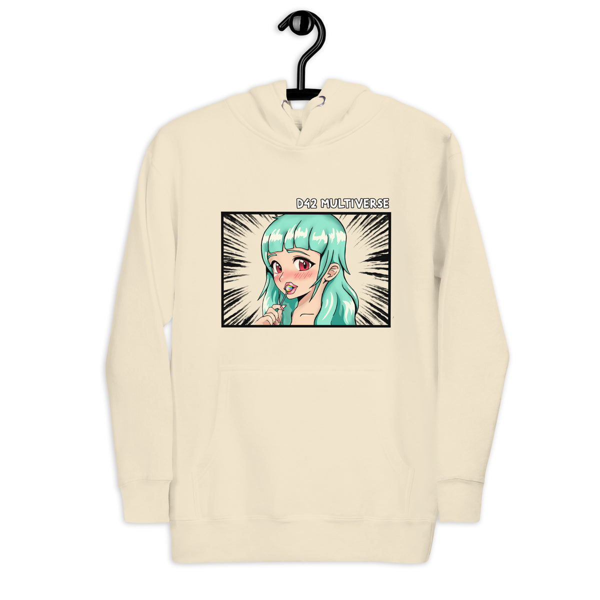 D42 Premium Hoodie mit großer Manga-inspirierter Illustration einer türkishaarigen Anime-Figur, das Anime Lolligirl, und D42 Multiverse Schriftzug auf der Vorderseite bone auf Kleiderbügel