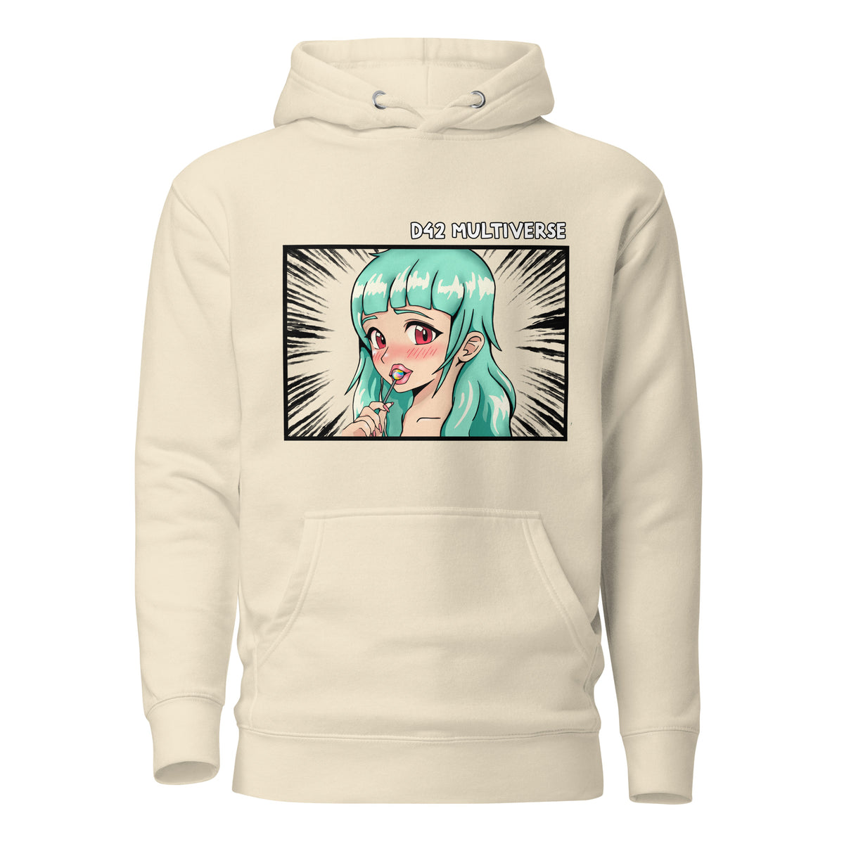 D42 Premium Hoodie mit großer Manga-inspirierter Illustration einer türkishaarigen Anime-Figur, das Anime Lolligirl, und D42 Multiverse Schriftzug auf der Vorderseite bone 