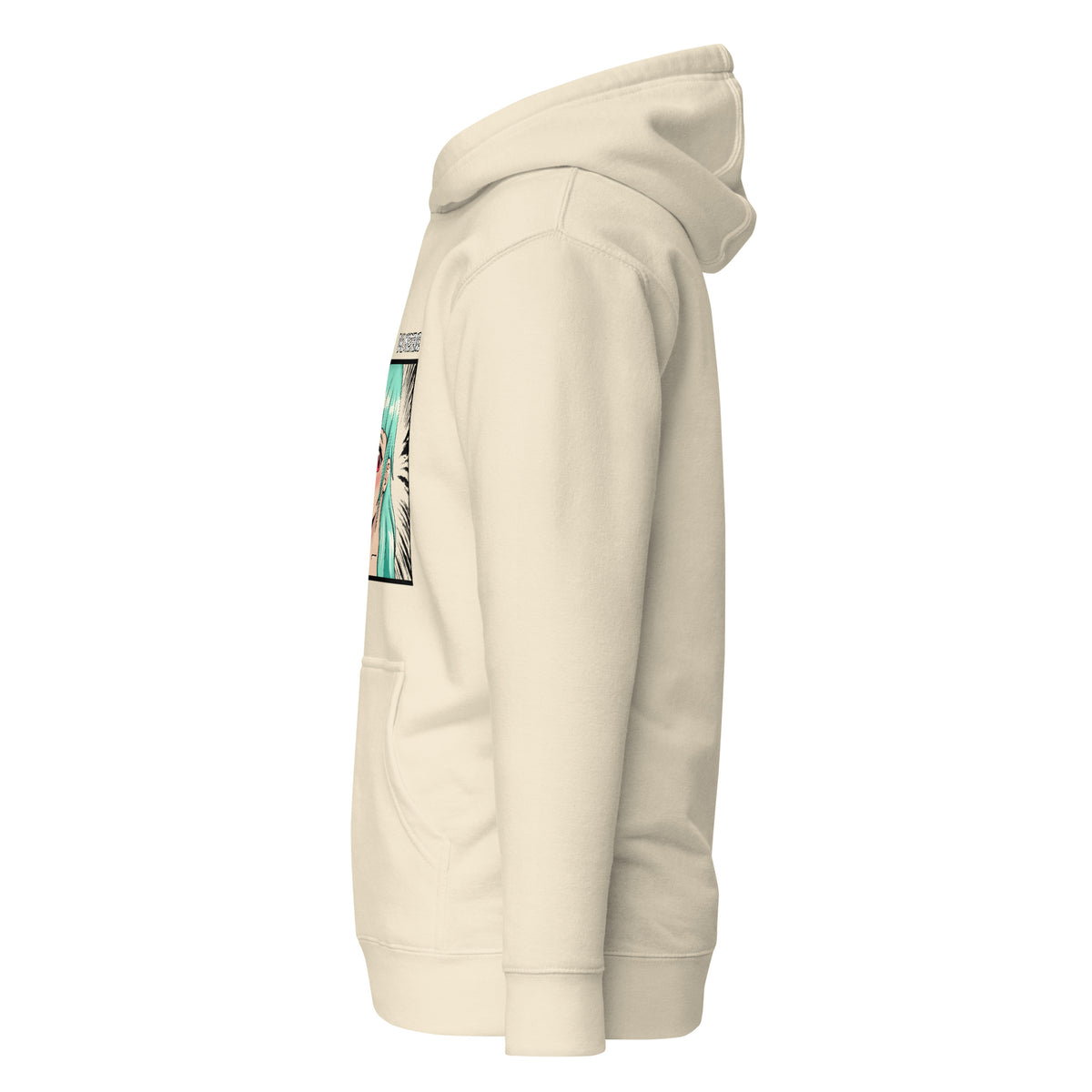 D42 Premium Hoodie mit großer Manga-inspirierter Illustration einer türkishaarigen Anime-Figur, das Anime Lolligirl, und D42 Multiverse Schriftzug auf der Vorderseite bone linke Seite