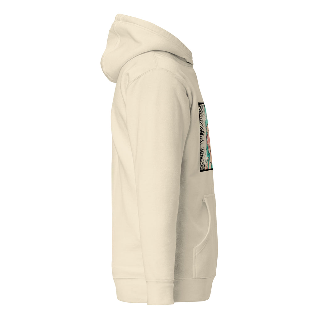 D42 Premium Hoodie mit großer Manga-inspirierter Illustration einer türkishaarigen Anime-Figur, das Anime Lolligirl, und D42 Multiverse Schriftzug auf der Vorderseite bone rechte Seite