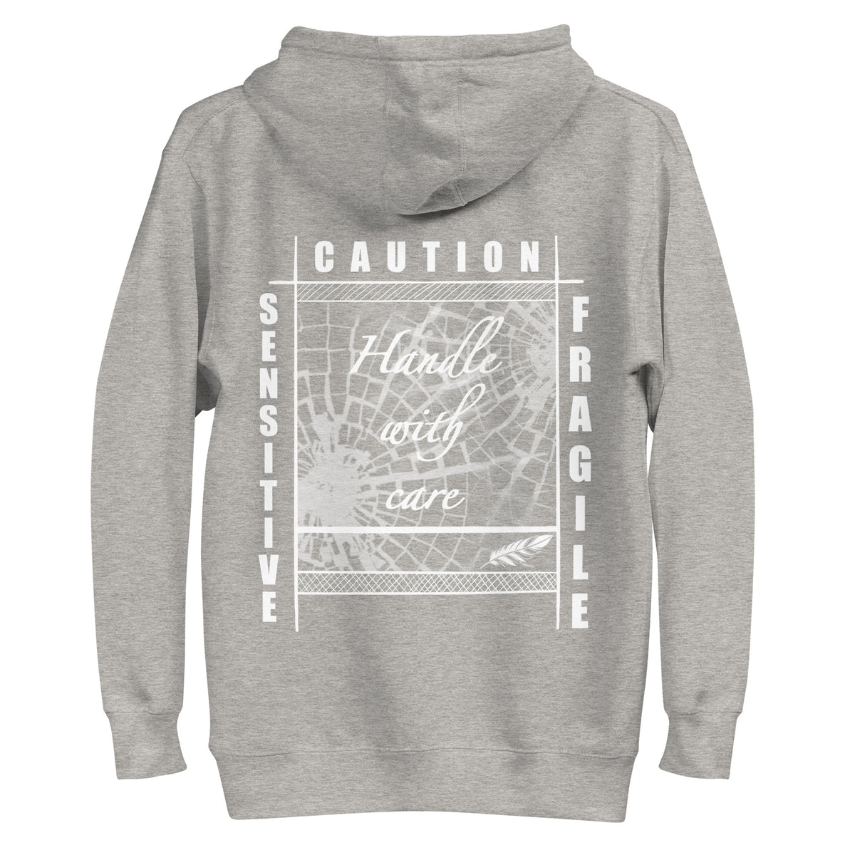 Rückansicht eines schwarzen D42 Hoodies mit großem weißem „Handle with care“-Backprint, zerbrochenem Glas und den Worten „Caution“, „Sensitive“ und „Fragile“ hellgrau
