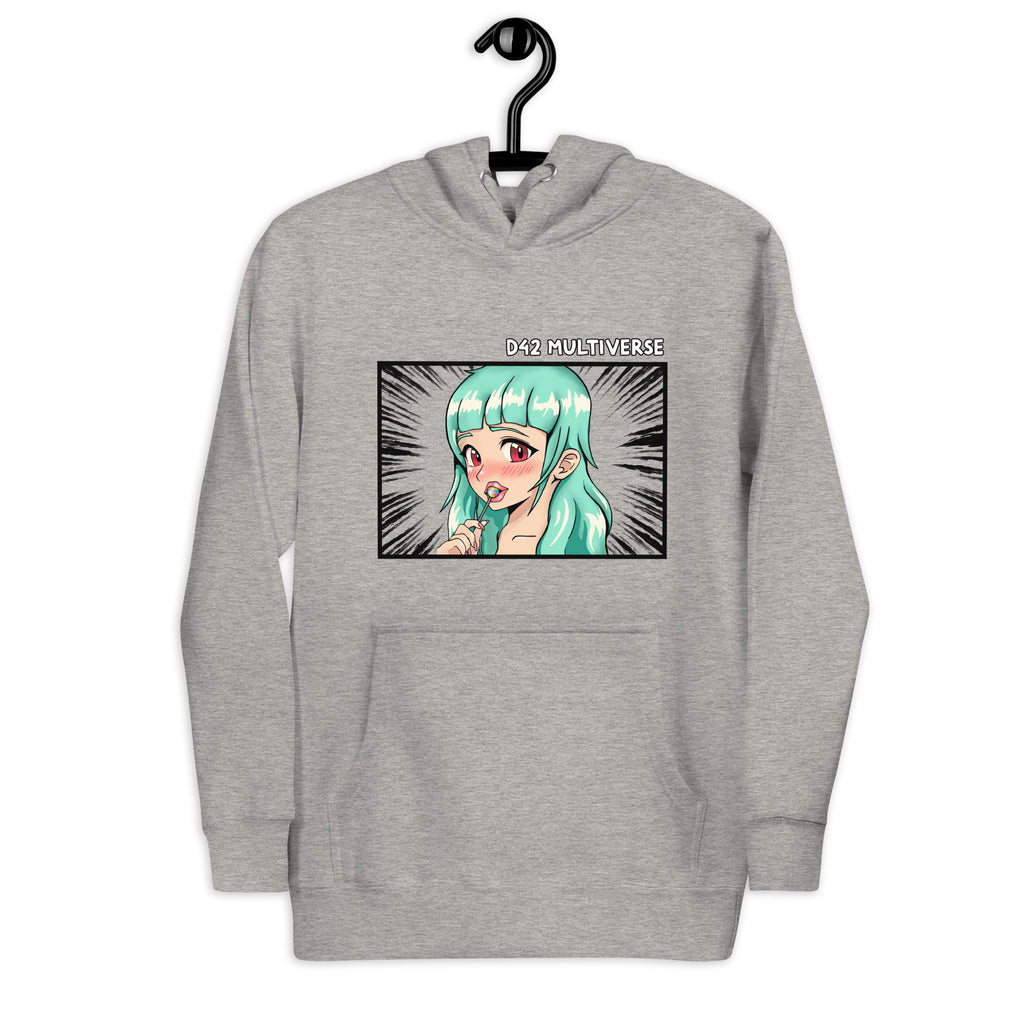 D42 Premium Hoodie mit großer Manga-inspirierter Illustration einer türkishaarigen Anime-Figur, das Anime Lolligirl, und D42 Multiverse Schriftzug auf der Vorderseite crabon grau auf Kleiderbügel