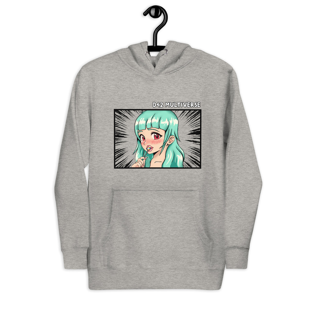 D42 Premium Hoodie mit großer Manga-inspirierter Illustration einer türkishaarigen Anime-Figur, das Anime Lolligirl, und D42 Multiverse Schriftzug auf der Vorderseite crabon grau auf Kleiderbügel