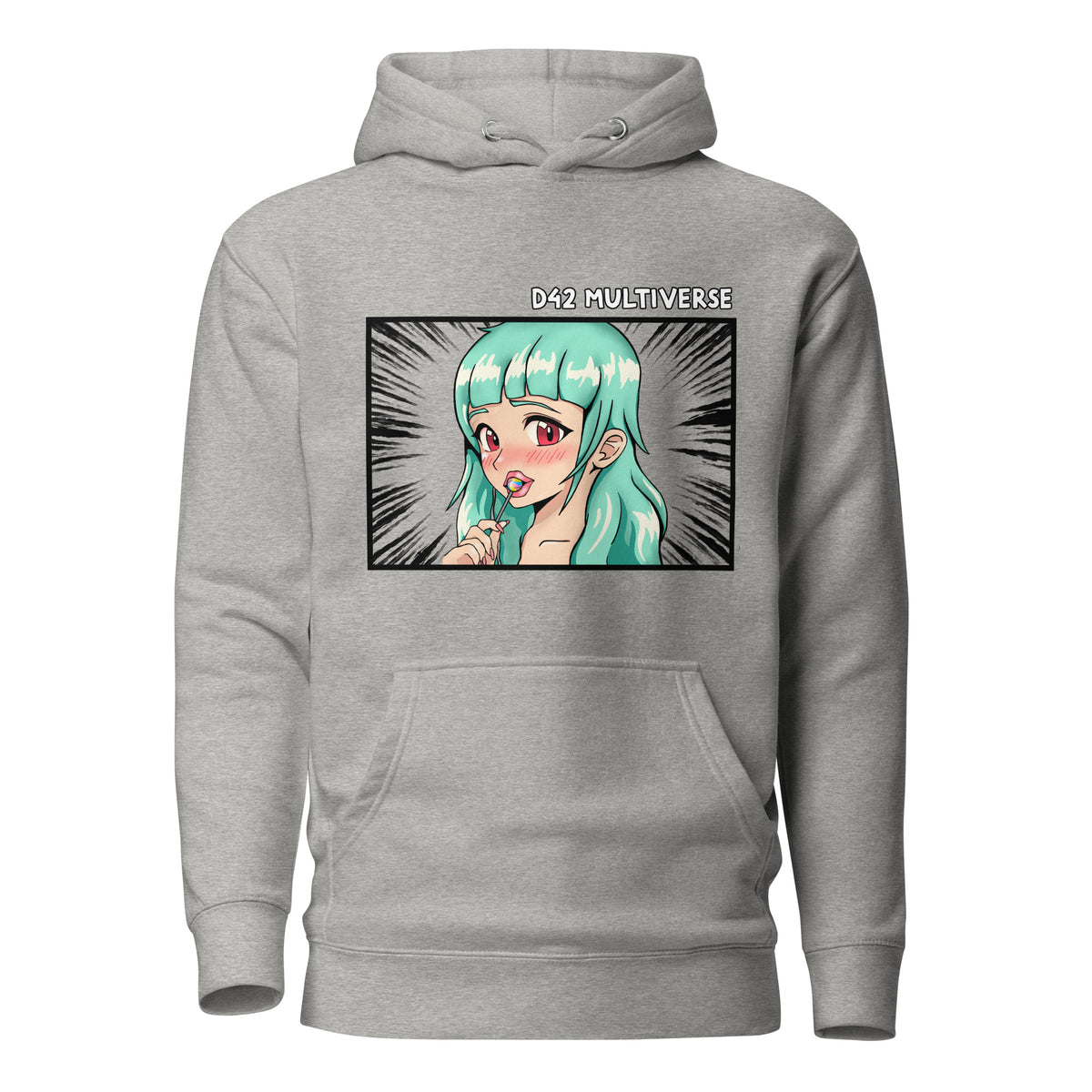 D42 Premium Hoodie mit großer Manga-inspirierter Illustration einer türkishaarigen Anime-Figur, das Anime Lolligirl, und D42 Multiverse Schriftzug auf der Vorderseite carbon grau