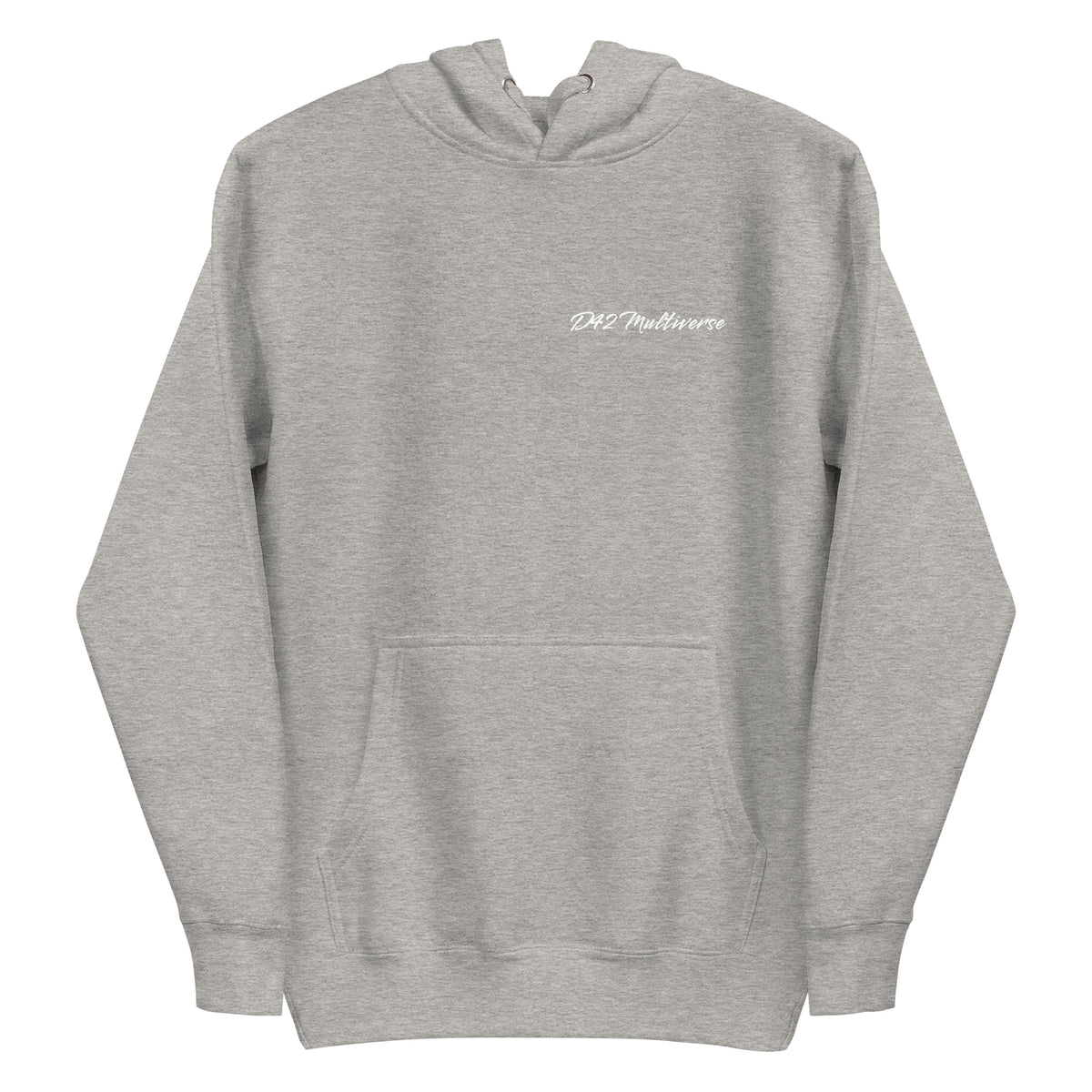 Vorderansicht eines schwarzen D42 Hoodies mit großem weißem „Handle with care“-Backprint, zerbrochenem Glas und den Worten „Caution“, „Sensitive“ und „Fragile“ und D42 Multiverse Schriftzug grau
