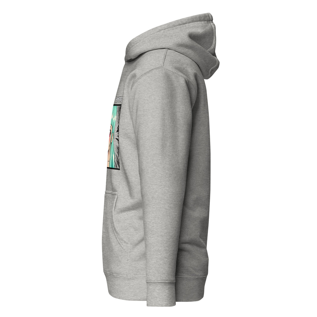 D42 Premium Hoodie mit großer Manga-inspirierter Illustration einer türkishaarigen Anime-Figur, das Anime Lolligirl, und D42 Multiverse Schriftzug auf der Vorderseite carbon grau linke Seite