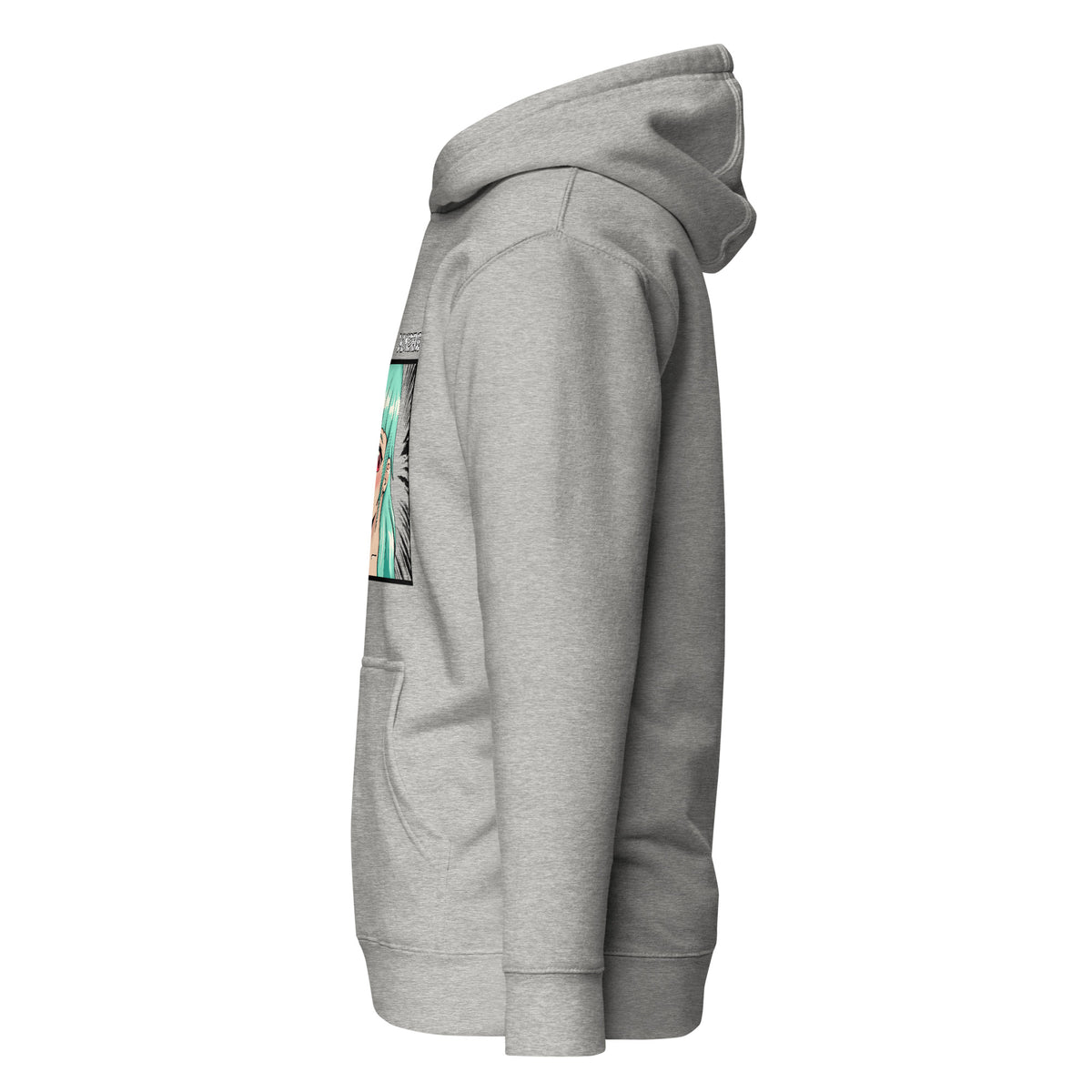 D42 Premium Hoodie mit großer Manga-inspirierter Illustration einer türkishaarigen Anime-Figur, das Anime Lolligirl, und D42 Multiverse Schriftzug auf der Vorderseite carbon grau linke Seite