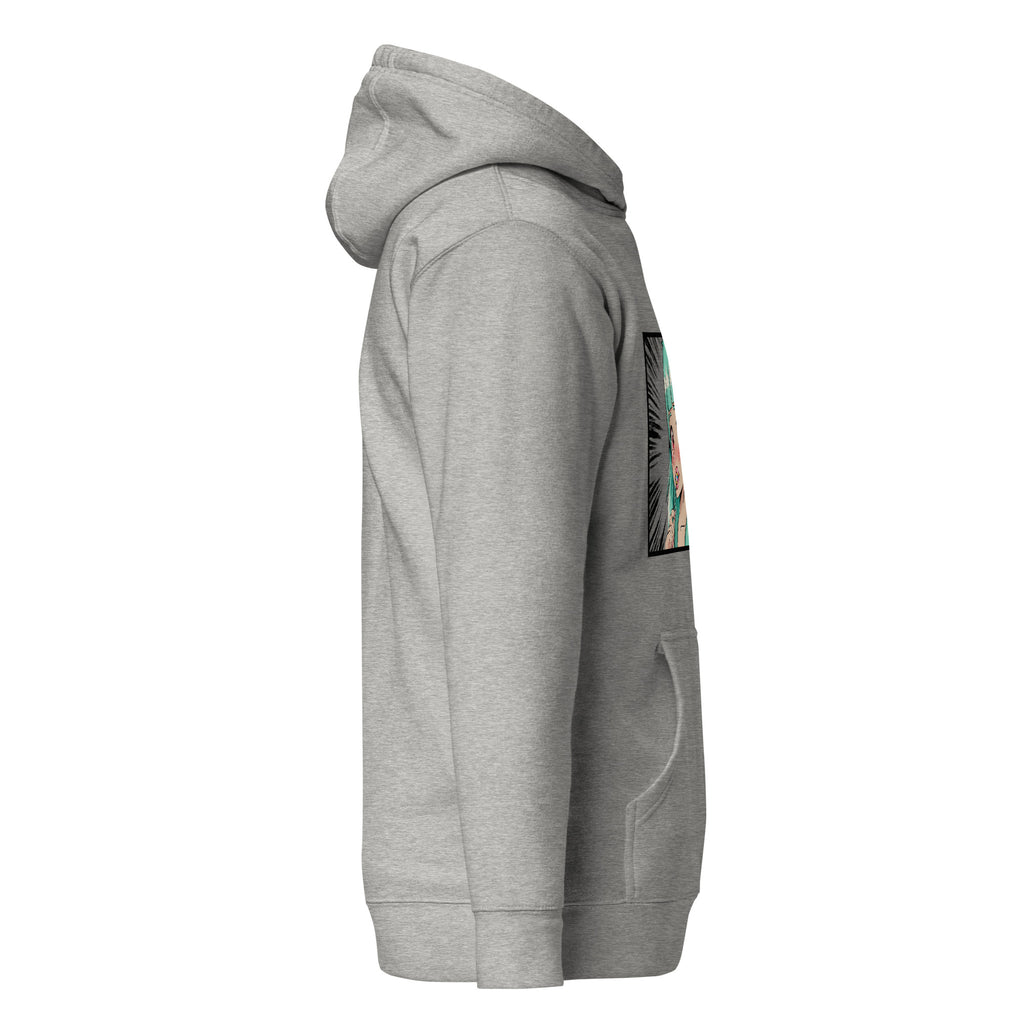 D42 Premium Hoodie mit großer Manga-inspirierter Illustration einer türkishaarigen Anime-Figur, das Anime Lolligirl, und D42 Multiverse Schriftzug auf der Vorderseite carbon grau rechte Seite