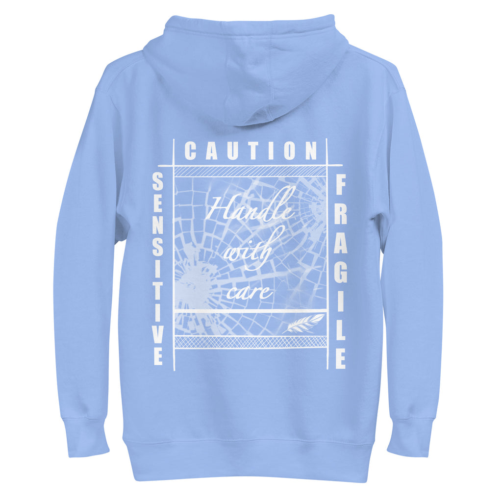 Rückansicht eines schwarzen D42 Hoodies mit großem weißem „Handle with care“-Backprint, zerbrochenem Glas und den Worten „Caution“, „Sensitive“ und „Fragile“ hellblau