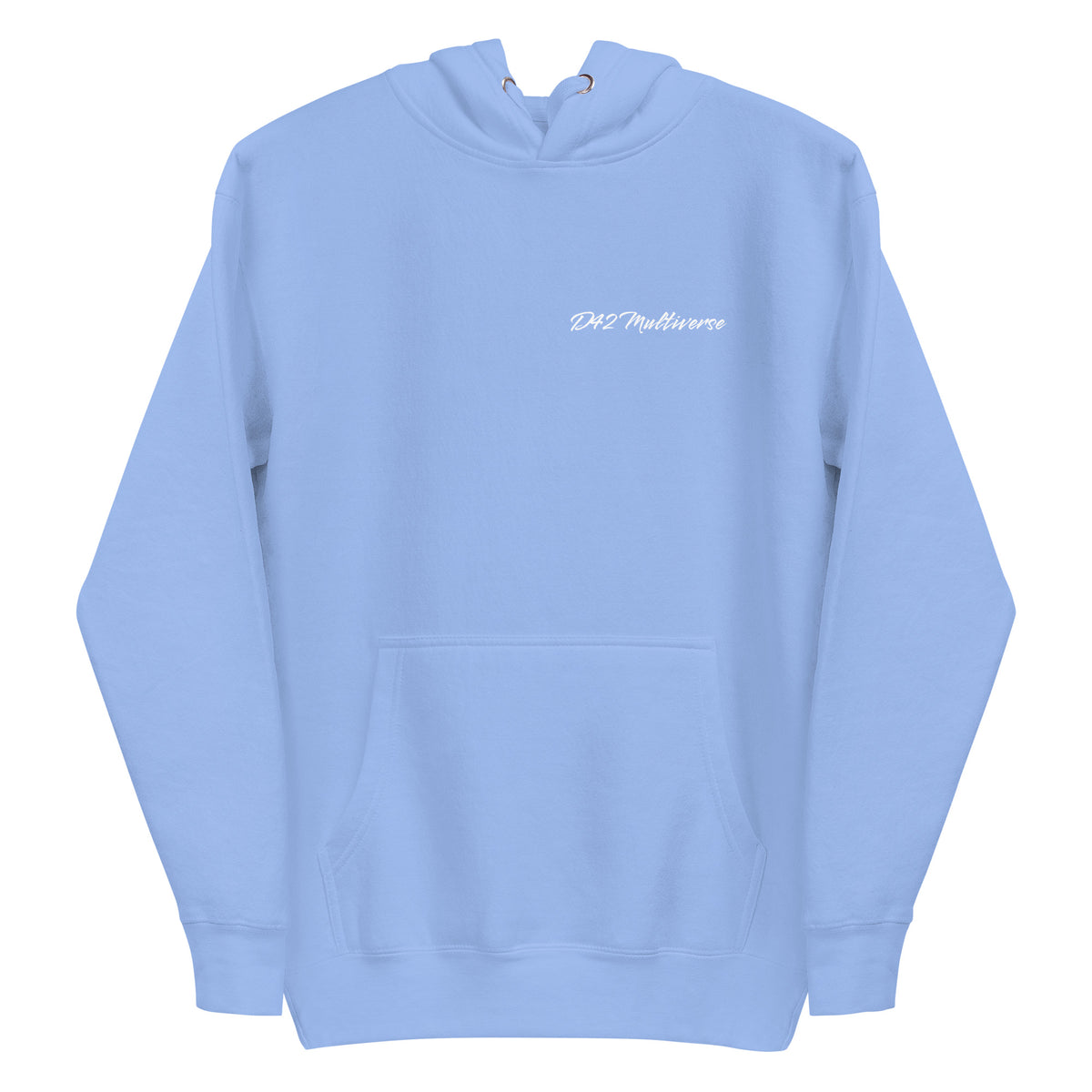 Vorderansicht eines schwarzen D42 Hoodies mit großem weißem „Handle with care“-Backprint, zerbrochenem Glas und den Worten „Caution“, „Sensitive“ und „Fragile“ und D42 Multiverse Schriftzug hellblau