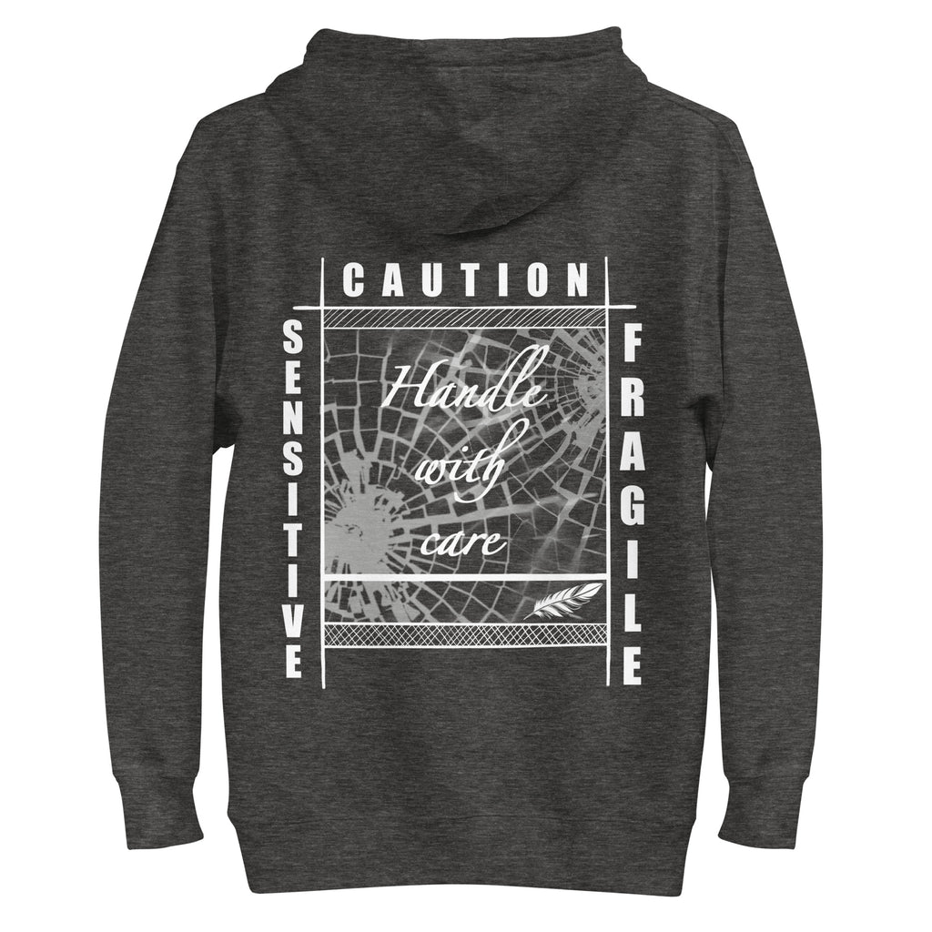Rückansicht eines schwarzen D42 Hoodies mit großem weißem „Handle with care“-Backprint, zerbrochenem Glas und den Worten „Caution“, „Sensitive“ und „Fragile“ dunkelgrau